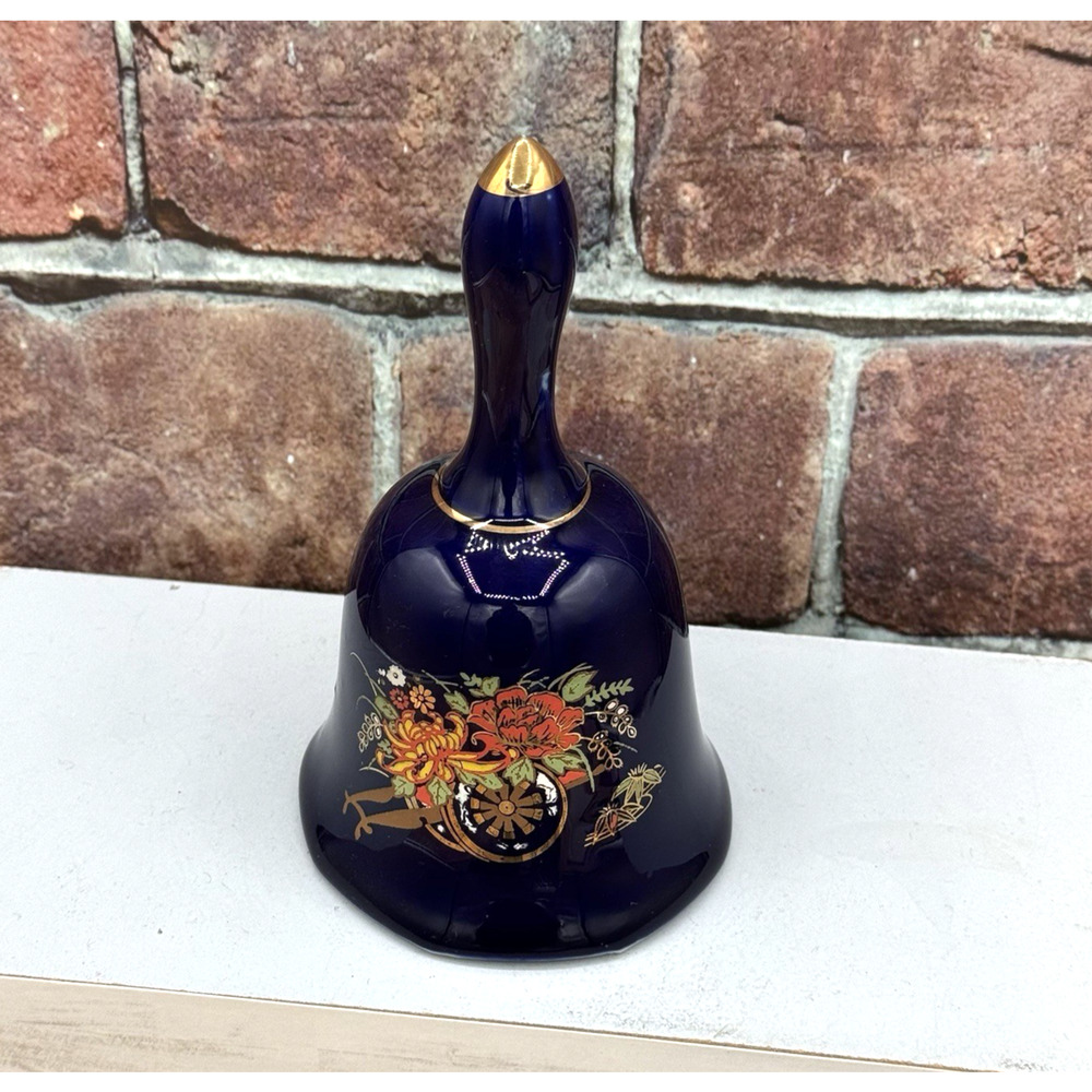 Vintage Cobalt‎ Blue Porcelain Hand Bell Floral Wagon Gold Trim - Picture 2 of 6